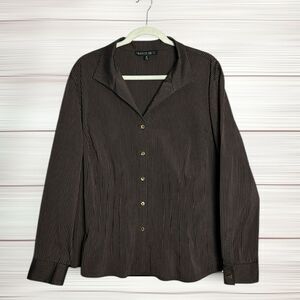 Lafayette 148 Cotton Blend Blouse Button Front Shirt Brown Striped V-neck US 20